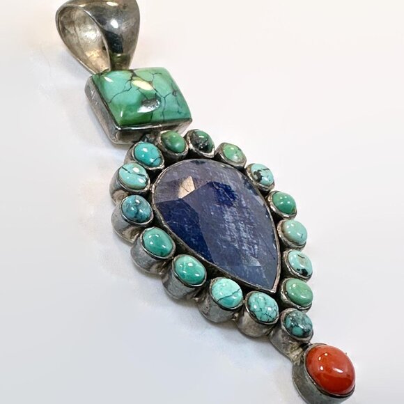 Lapis Pendant, Turquoise, Sterling Silver, Coral, Vintage, Large, 3 1/3" Long - Picture 2 of 5